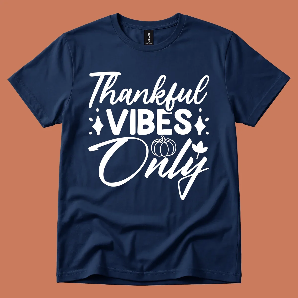 Thankful Vibes Only graphic with pumpkin and flower, white text on black.