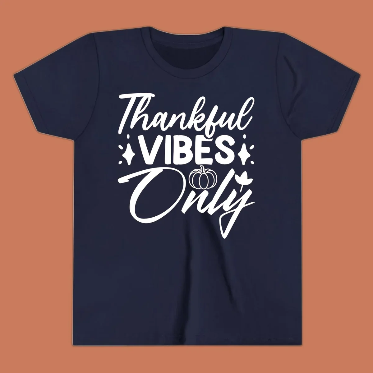 Thankful Vibes Only graphic with pumpkin and flower, white text on black.