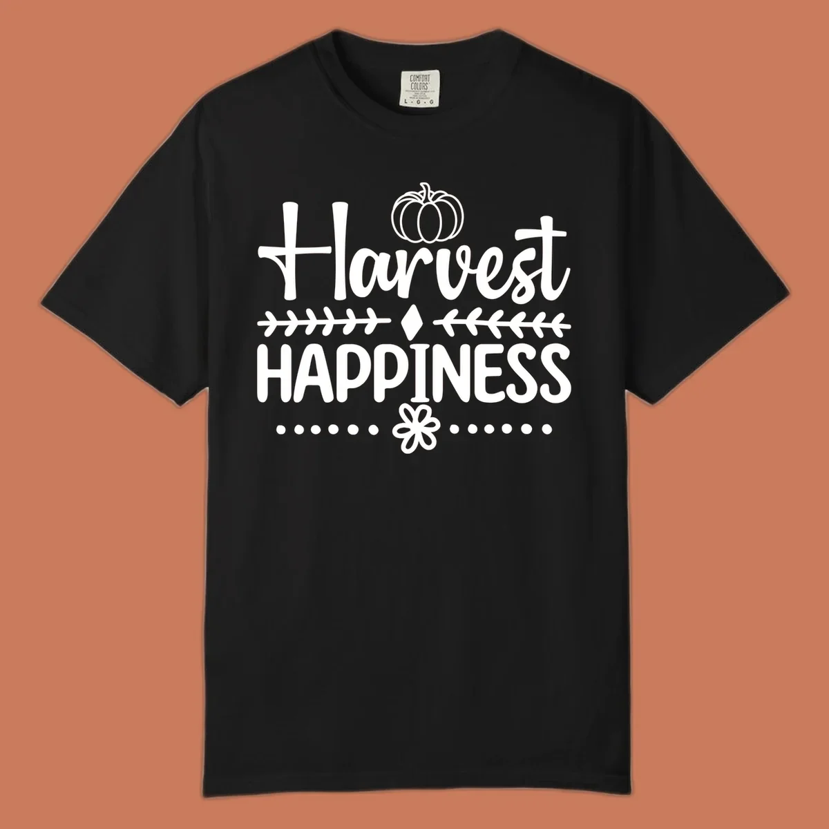 Harvest Happiness autumn sentiment design with pumpkin and floral accents.