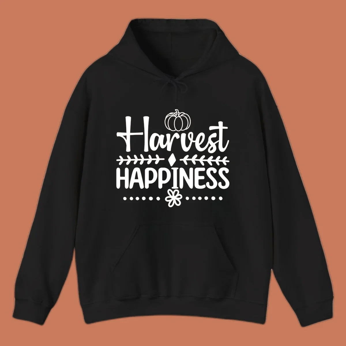 Harvest Happiness autumn sentiment design with pumpkin and floral accents.
