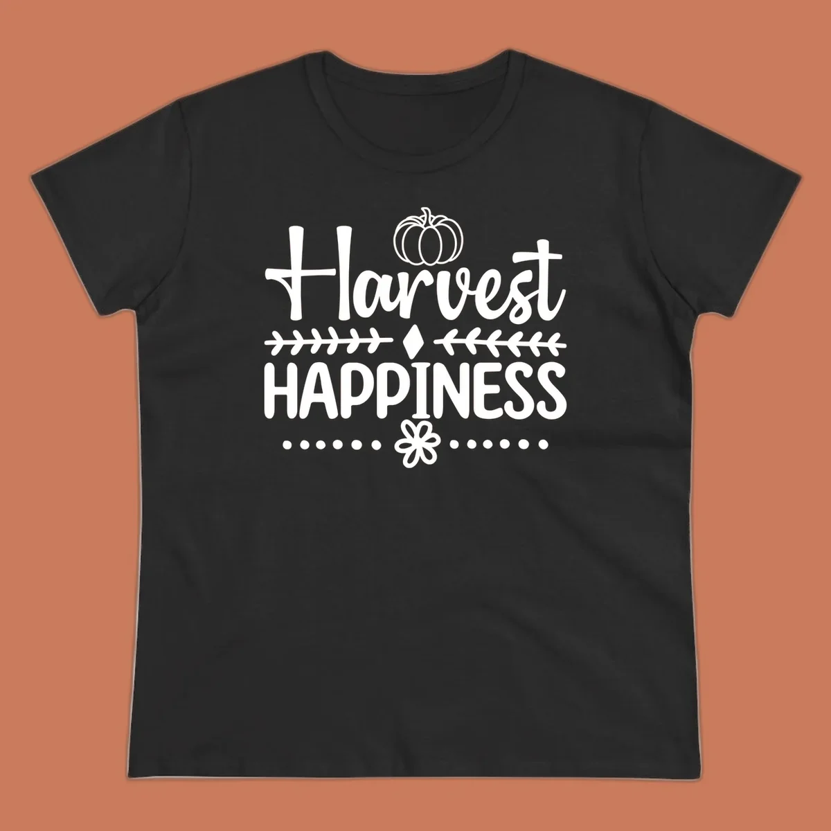 Harvest Happiness autumn sentiment design with pumpkin and floral accents.