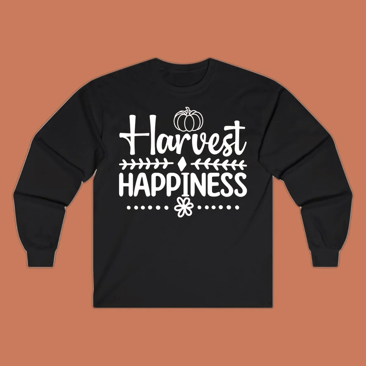 Harvest Happiness autumn sentiment design with pumpkin and floral accents.