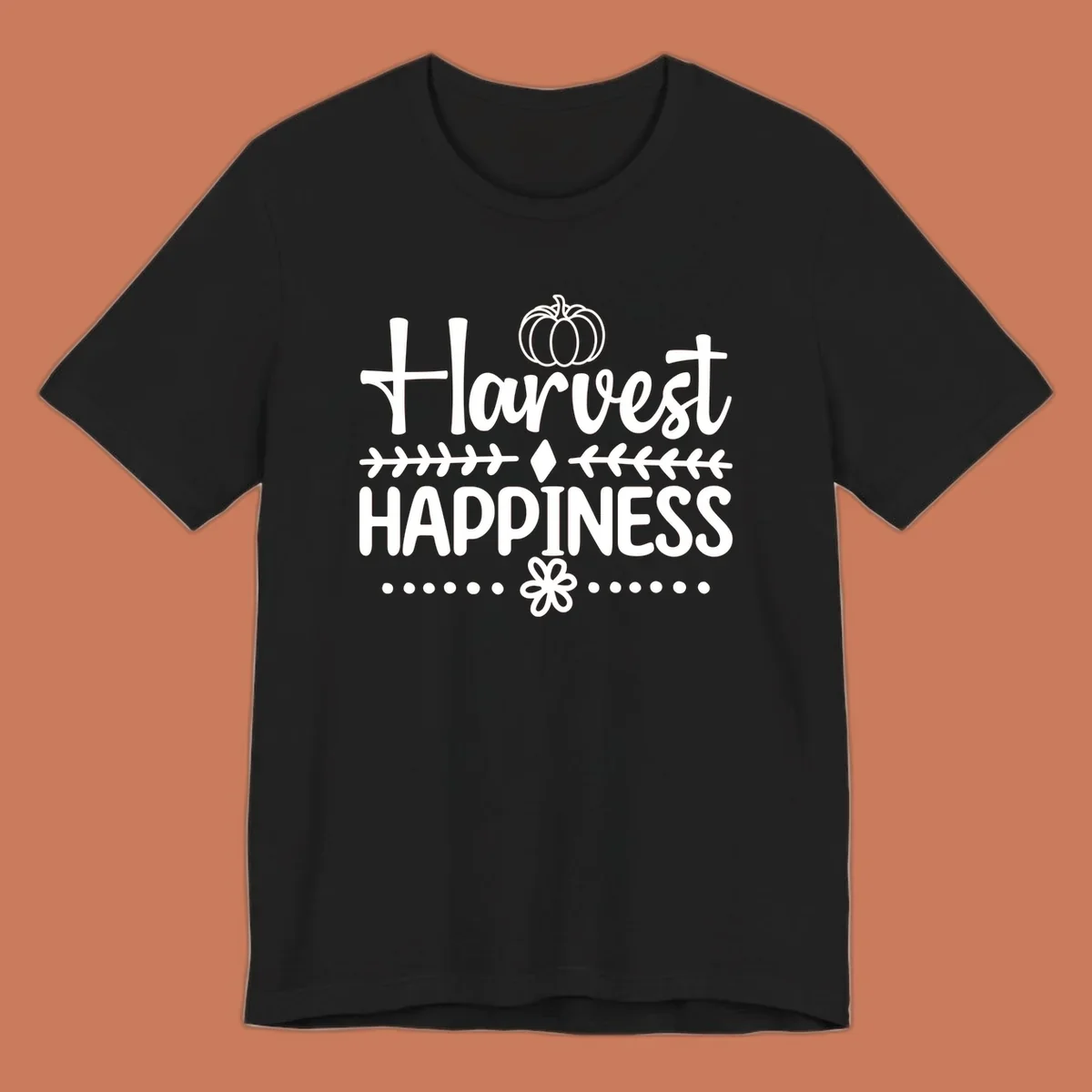 Harvest Happiness autumn sentiment design with pumpkin and floral accents.