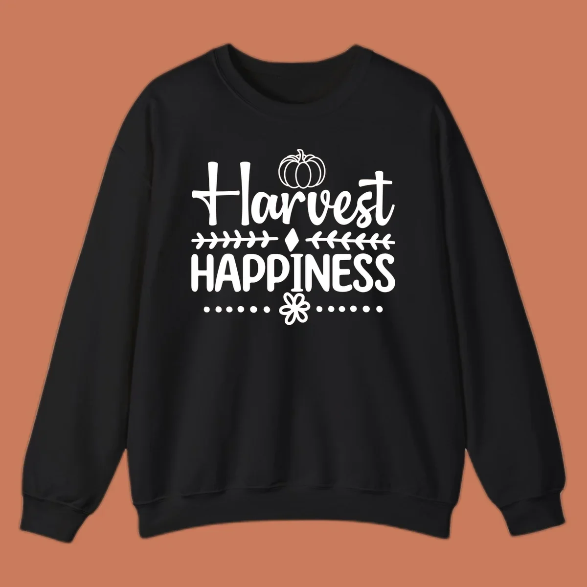 Harvest Happiness autumn sentiment design with pumpkin and floral accents.