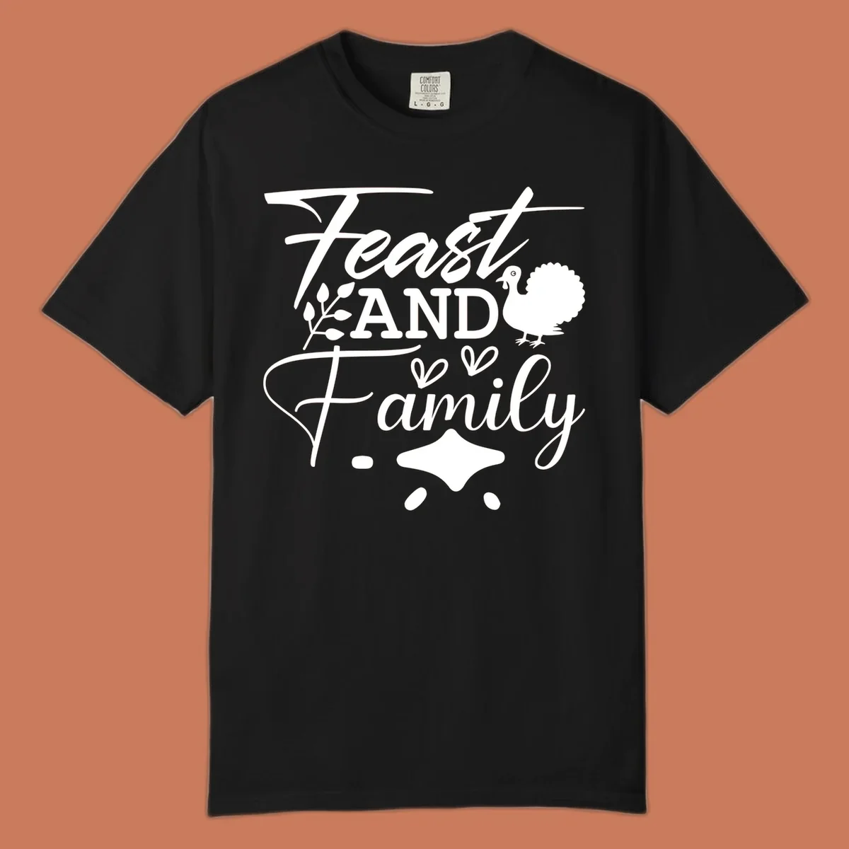 Feast and family sentiment design with turkey illustration and decorative elements.