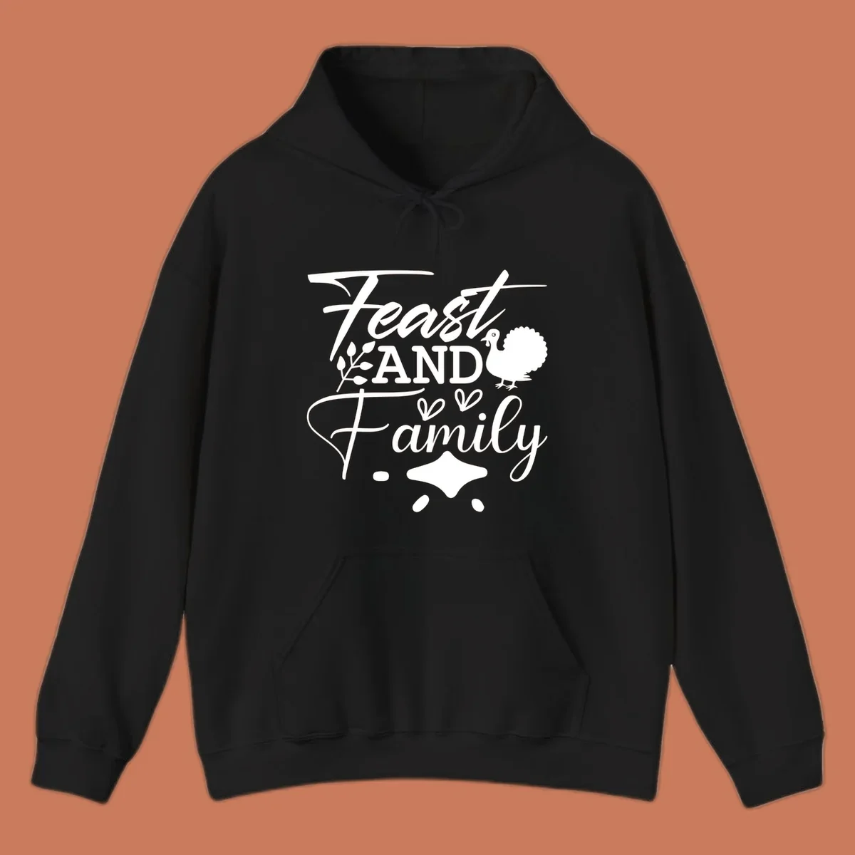 Feast and family sentiment design with turkey illustration and decorative elements.