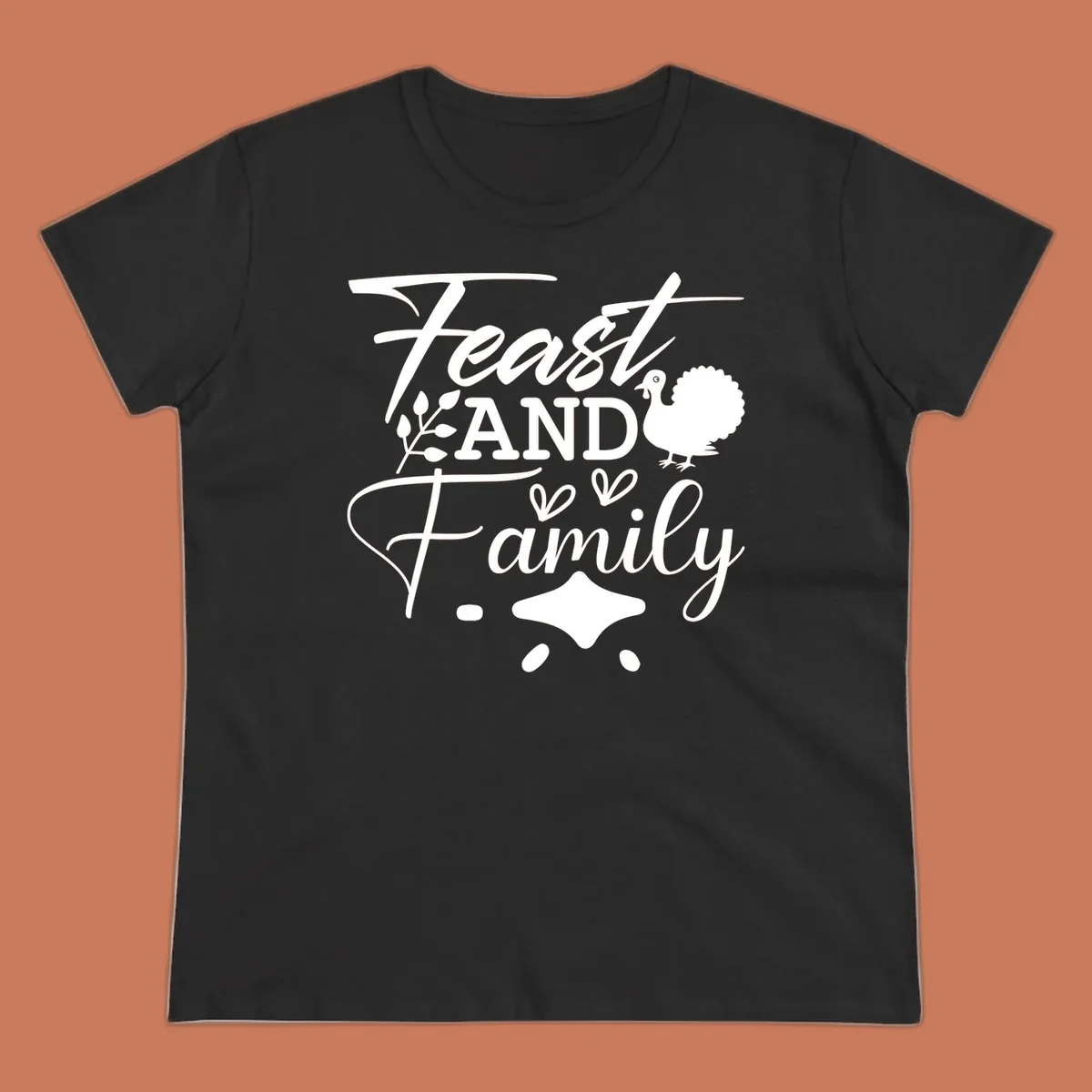 Feast and family sentiment design with turkey illustration and decorative elements.