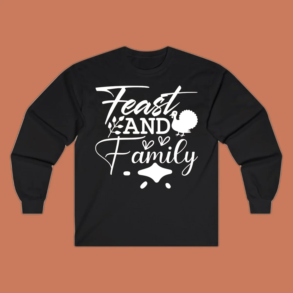 Feast and family sentiment design with turkey illustration and decorative elements.