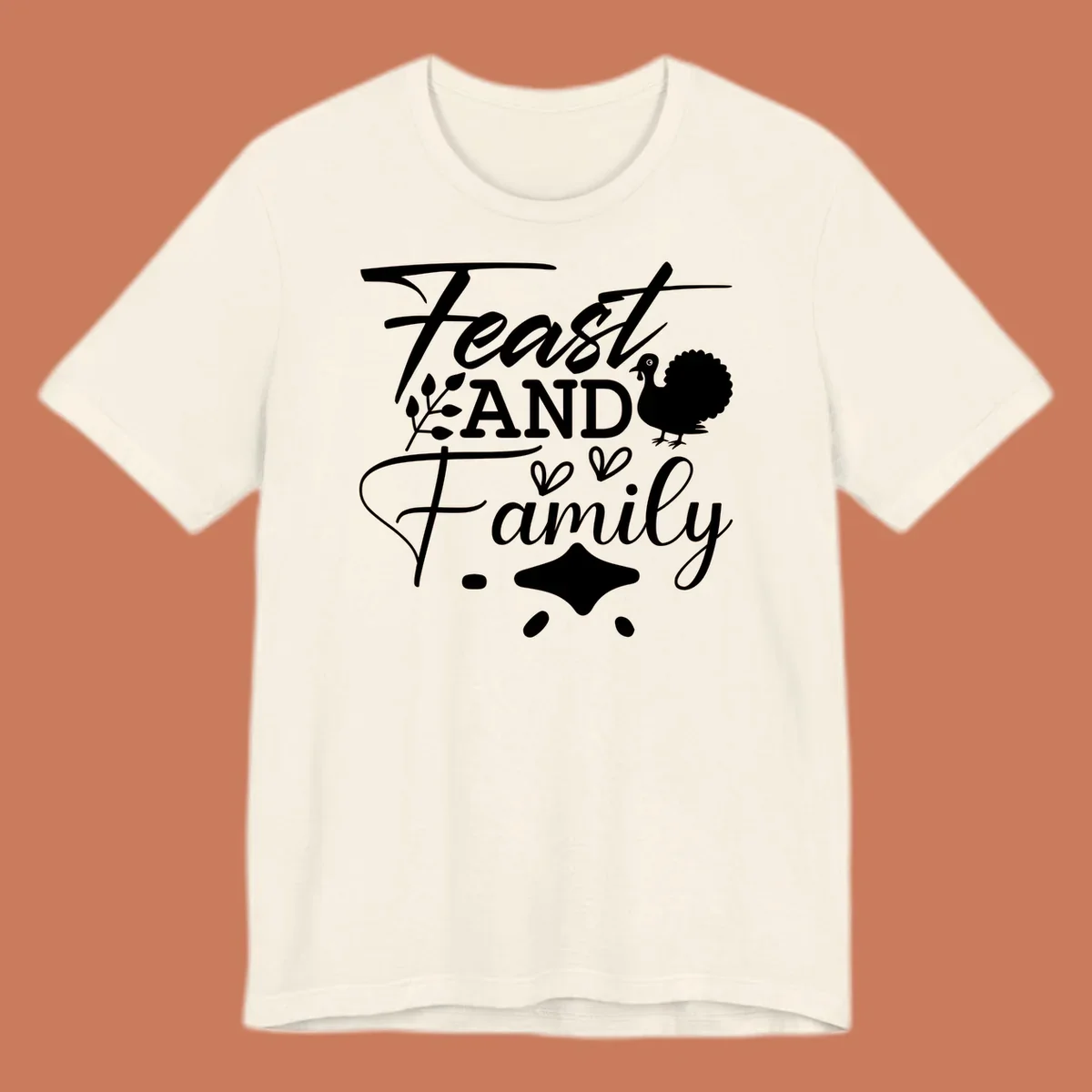 Feast and family sentiment design with turkey illustration and decorative elements.