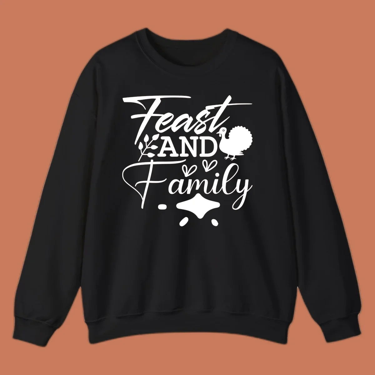 Feast and family sentiment design with turkey illustration and decorative elements.