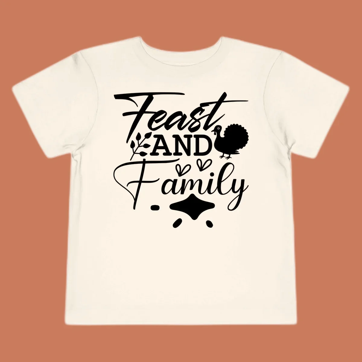 Feast and family sentiment design with turkey illustration and decorative elements.