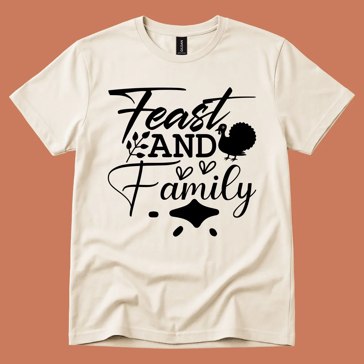 Feast and family sentiment design with turkey illustration and decorative elements.