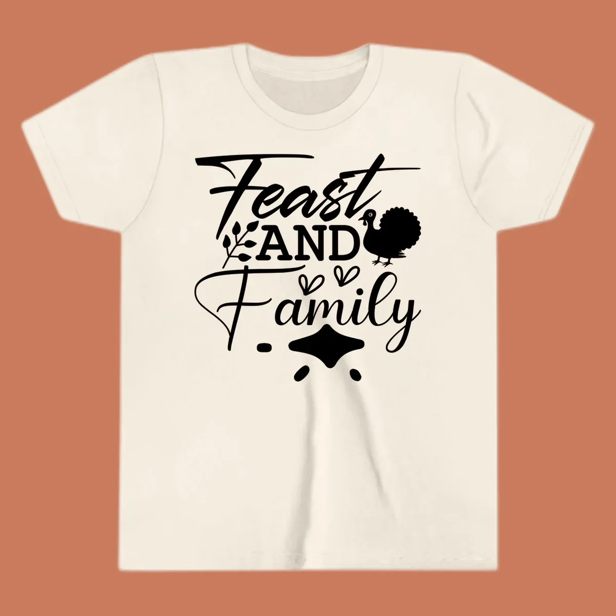 Feast and family sentiment design with turkey illustration and decorative elements.