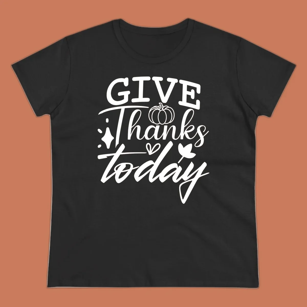 Give Thanks Today typography design with pumpkin and leaf elements.
