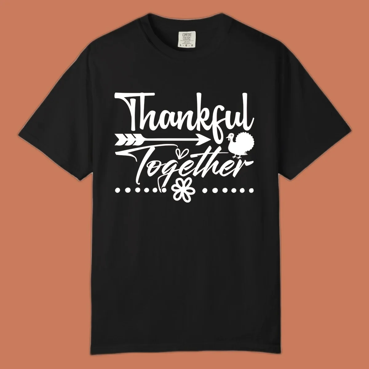 Thankful Together harvest sentiment script text with arrow and turkey illustration.
