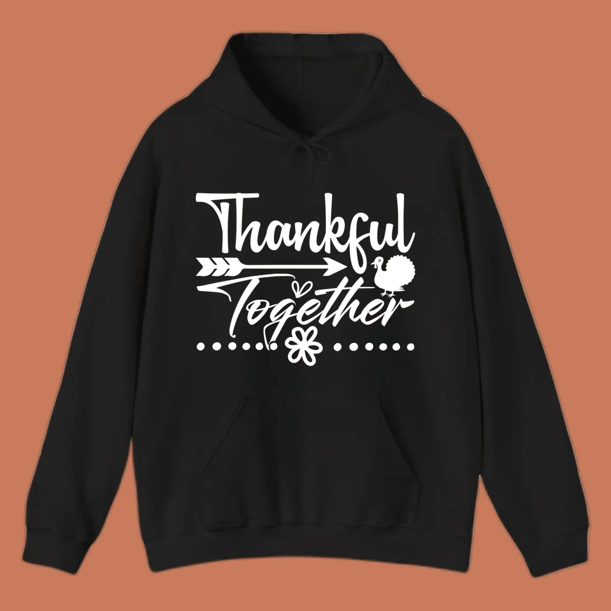 Thankful Together harvest sentiment script text with arrow and turkey illustration.
