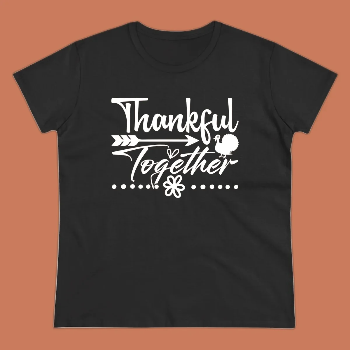 Thankful Together harvest sentiment script text with arrow and turkey illustration.
