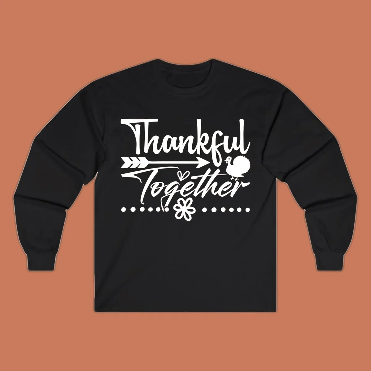 Thankful Together harvest sentiment script text with arrow and turkey illustration.