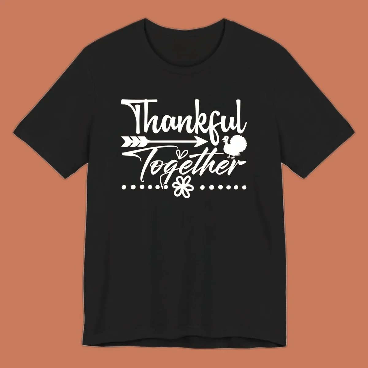 Thankful Together harvest sentiment script text with arrow and turkey illustration.