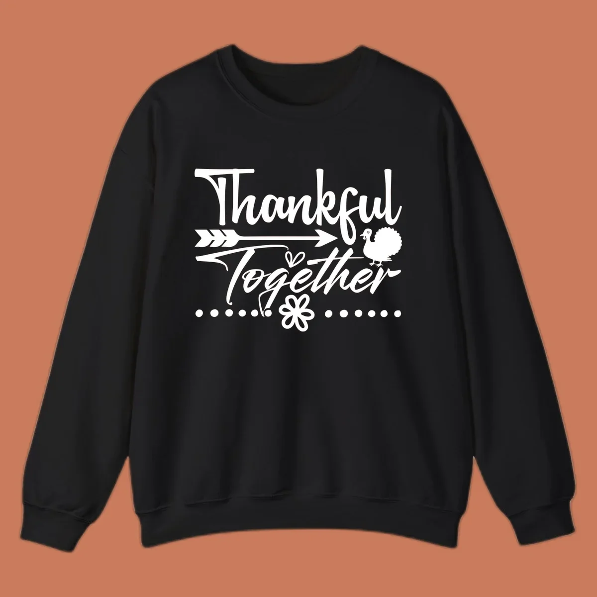 Thankful Together harvest sentiment script text with arrow and turkey illustration.