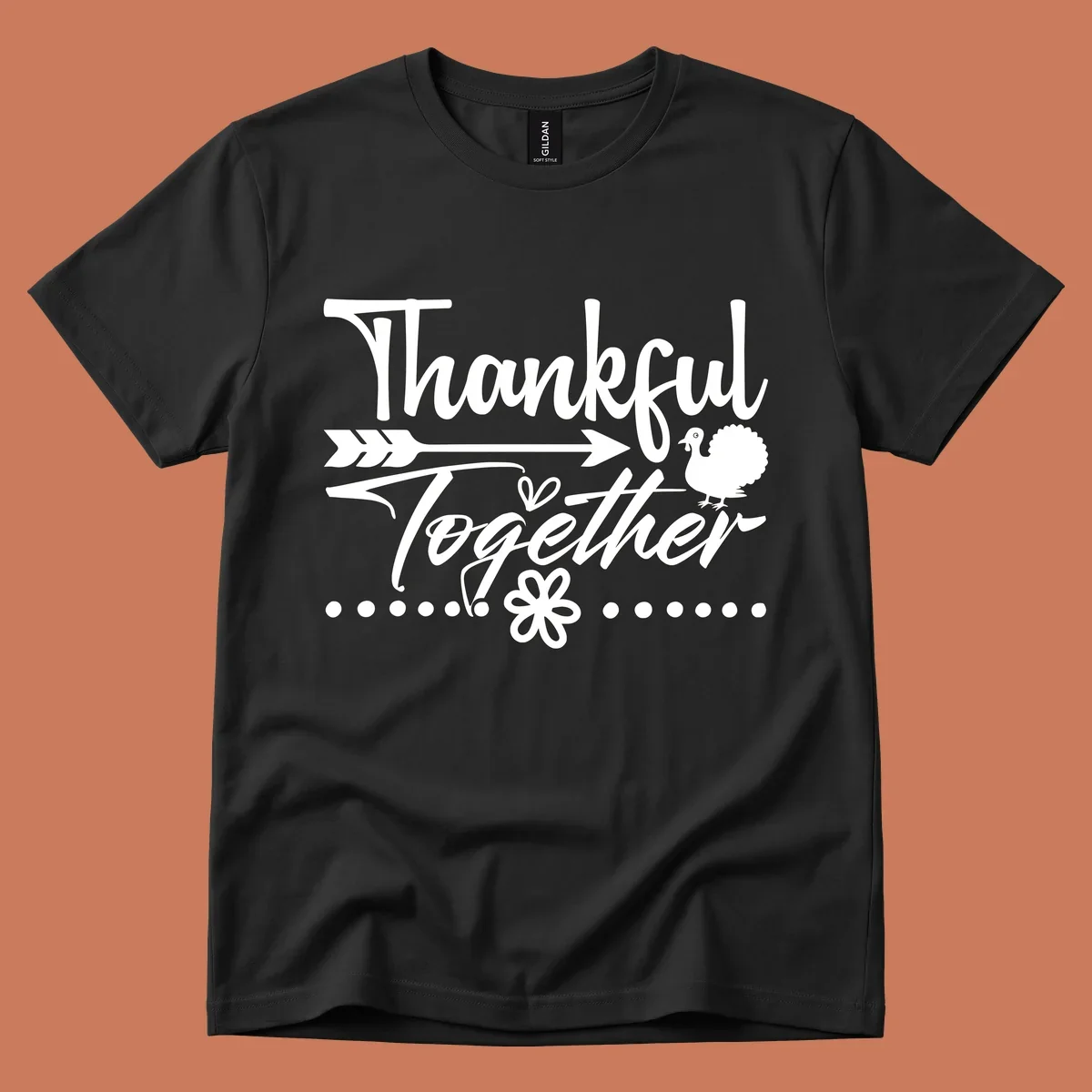 Thankful Together harvest sentiment script text with arrow and turkey illustration.