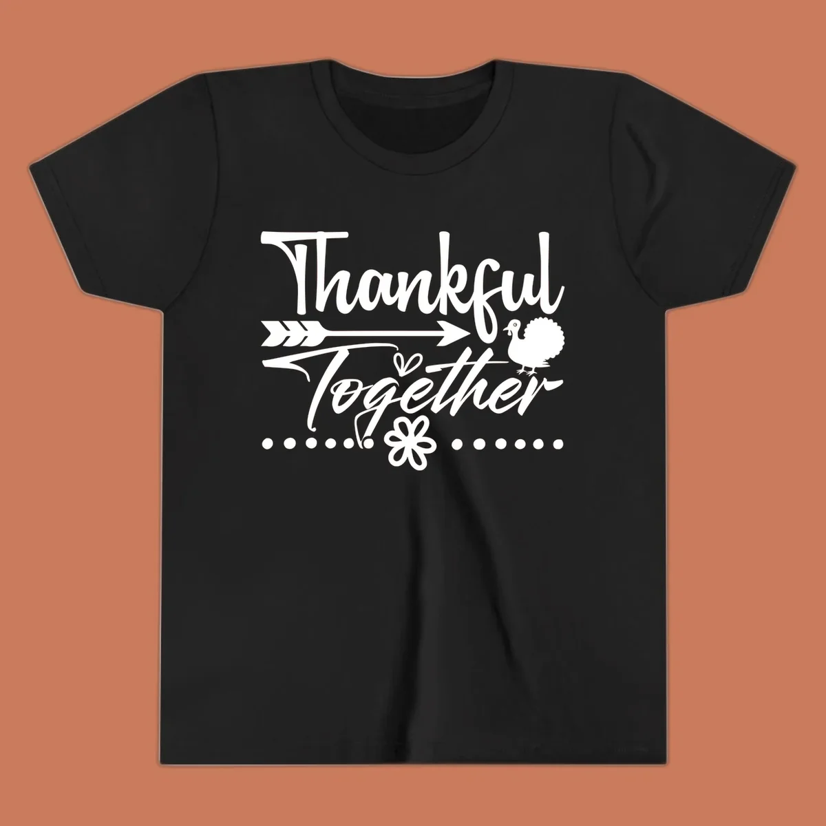 Thankful Together harvest sentiment script text with arrow and turkey illustration.