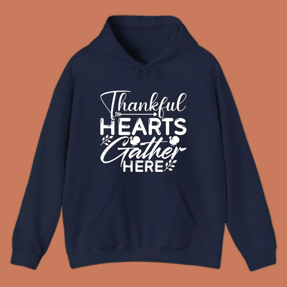 Thankful Hearts Gather Here text with turkeys and leaves for Thanksgiving. 