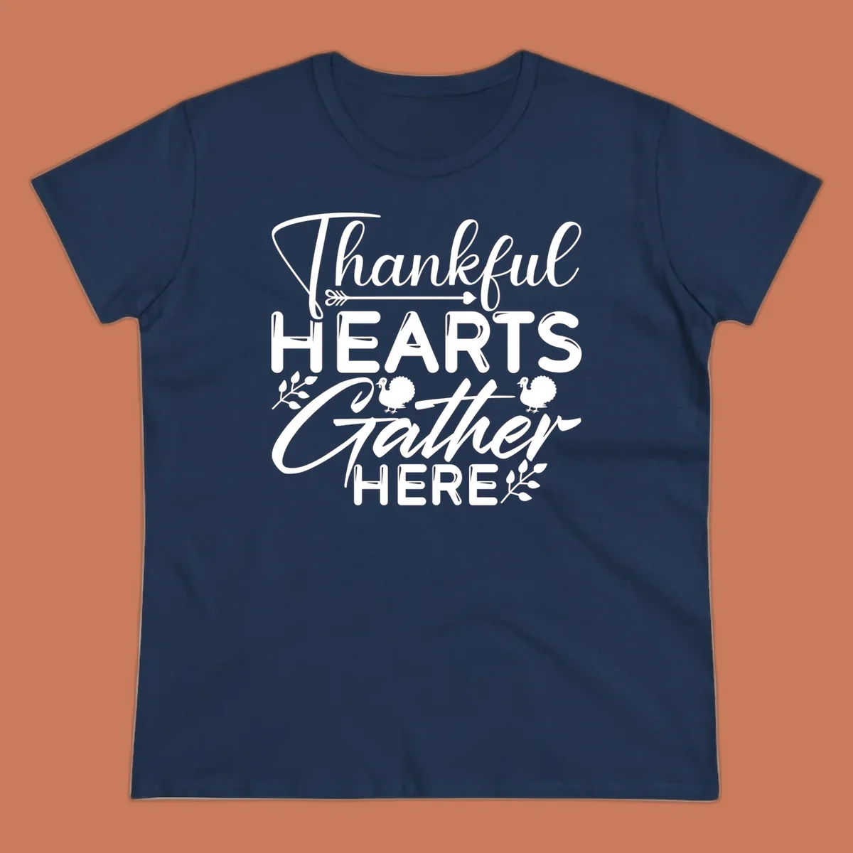 Thankful Hearts Gather Here text with turkeys and leaves for Thanksgiving. 