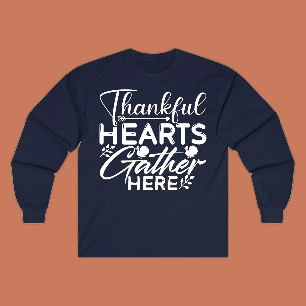 Thankful Hearts Gather Here text with turkeys and leaves for Thanksgiving. 