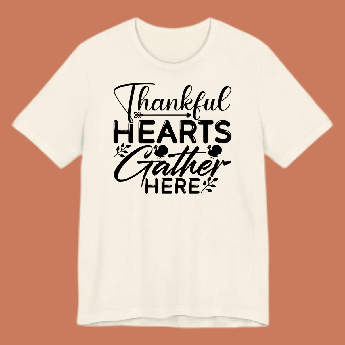 Thankful Hearts Gather Here text with turkeys and leaves for Thanksgiving. 
