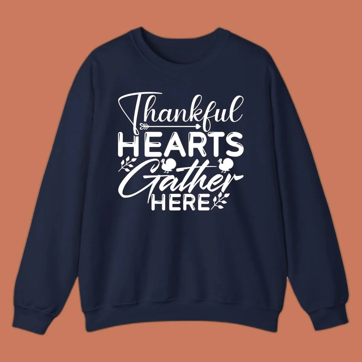 Thankful Hearts Gather Here text with turkeys and leaves for Thanksgiving. 