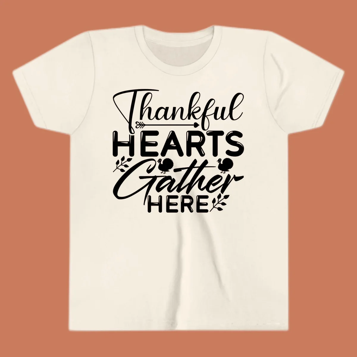 Thankful Hearts Gather Here text with turkeys and leaves for Thanksgiving. 