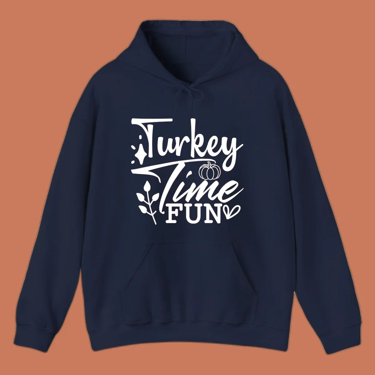 Thanksgiving Turkey Time Fun design with text, pumpkin, and leaves.