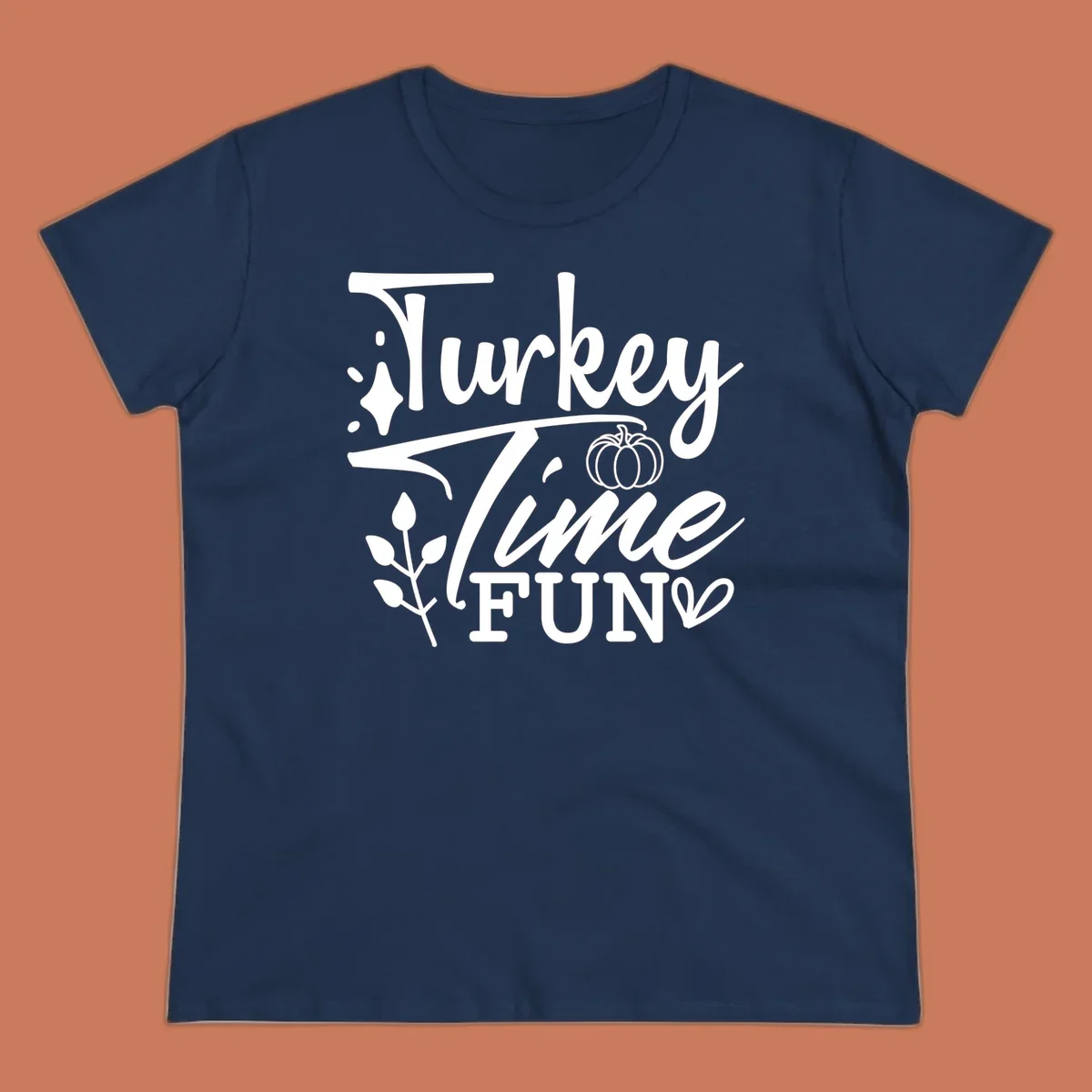 Thanksgiving Turkey Time Fun design with text, pumpkin, and leaves.