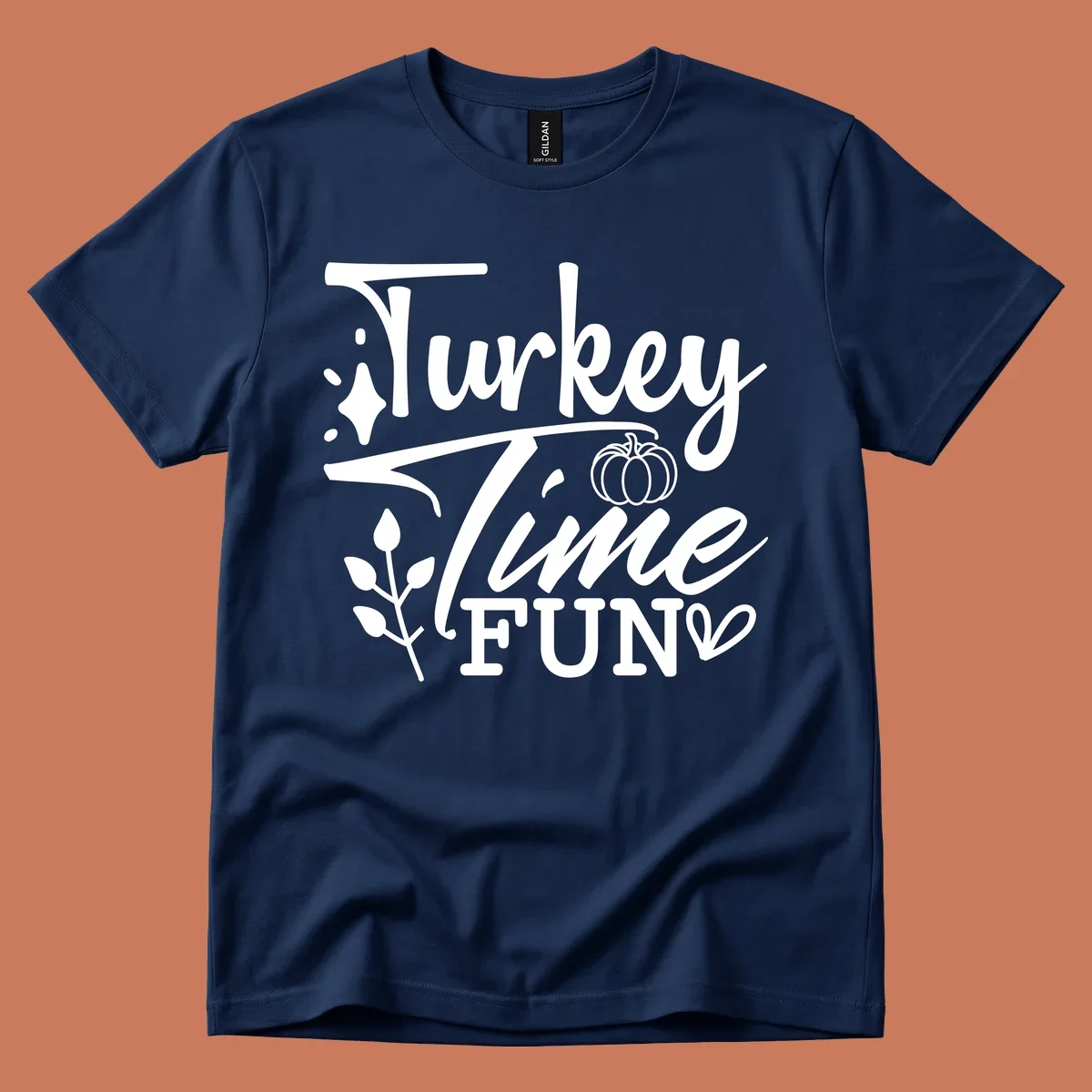 Thanksgiving Turkey Time Fun design with text, pumpkin, and leaves.