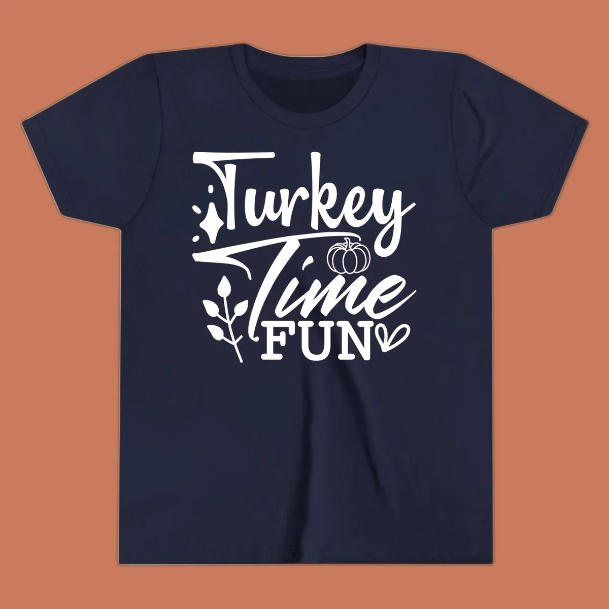 Thanksgiving Turkey Time Fun design with text, pumpkin, and leaves.