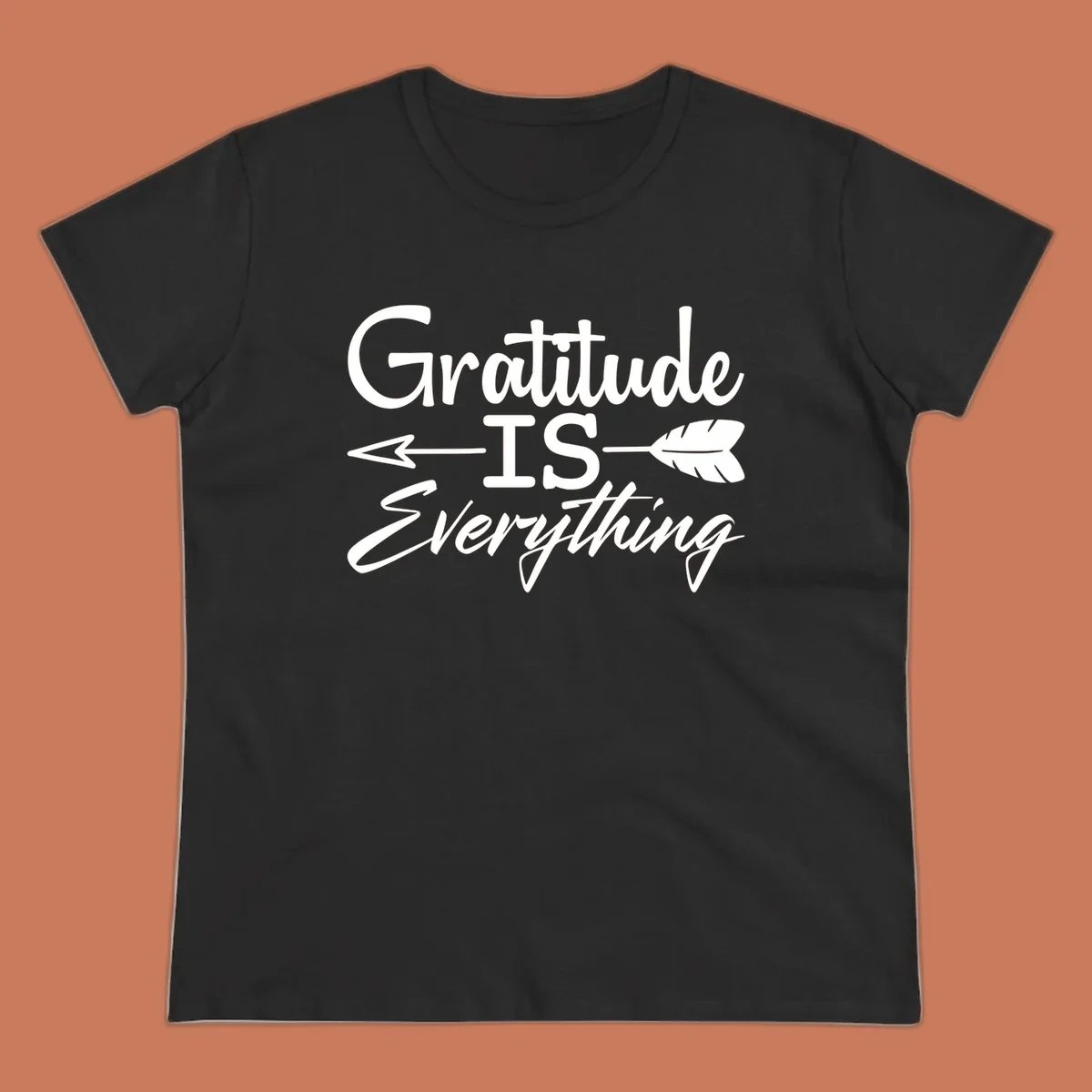 Gratitude Is Everything typography design with an arrow and feather graphic.