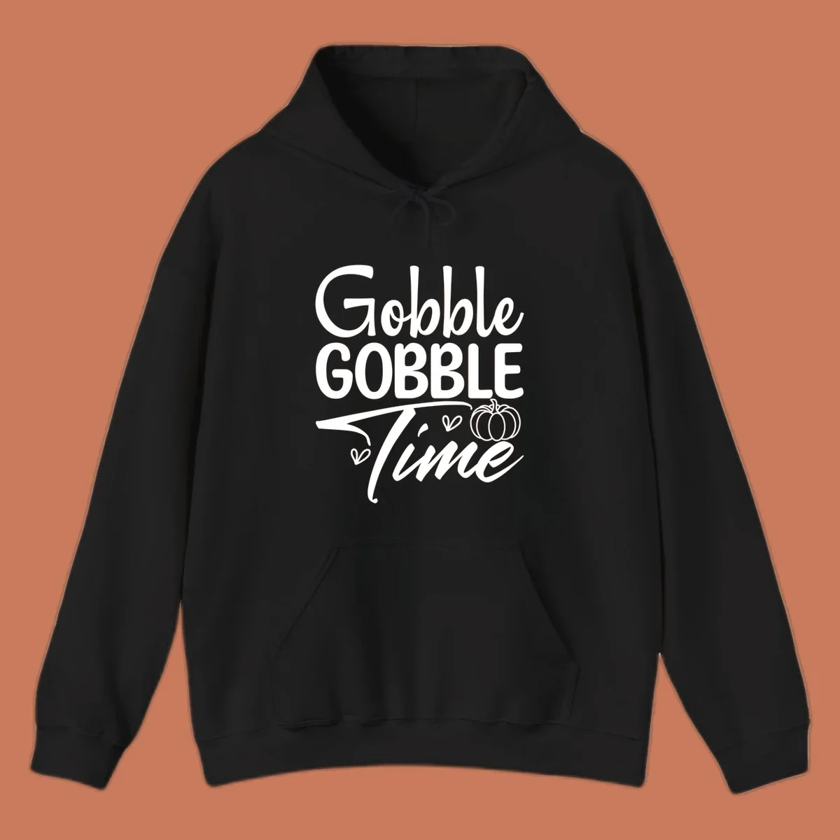 Gobble Gobble Time phrase with pumpkin and hearts, white typography on black background.