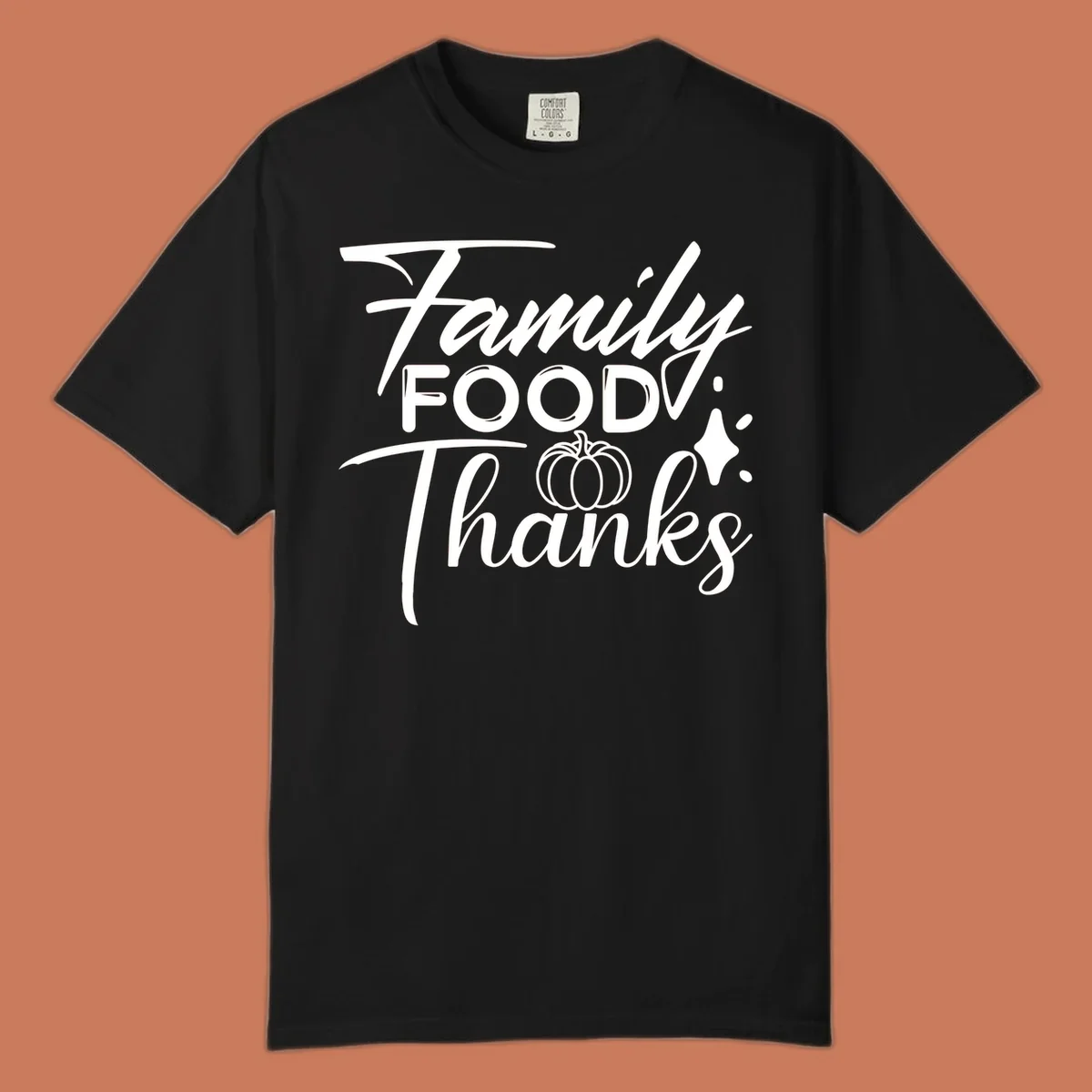 Family Food Thanks typography with pumpkin and sparkle graphics.