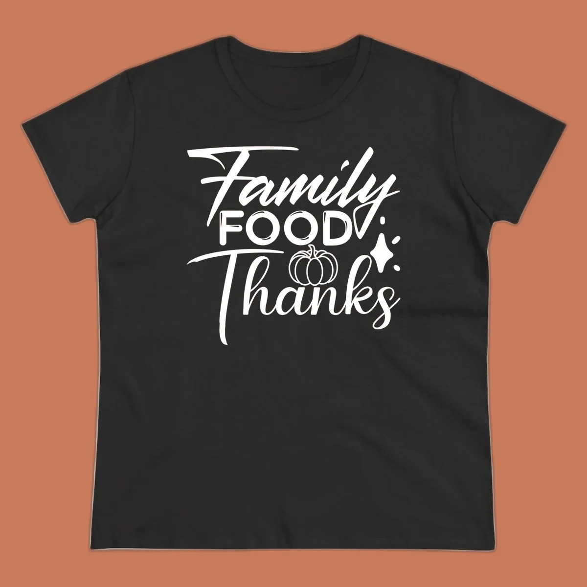 Family Food Thanks typography with pumpkin and sparkle graphics.