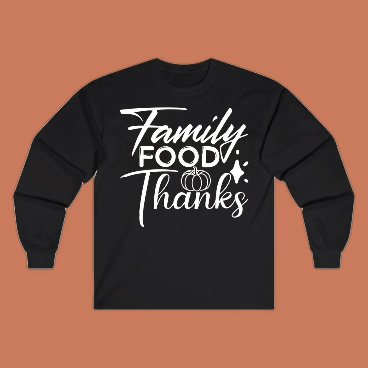 Family Food Thanks typography with pumpkin and sparkle graphics.