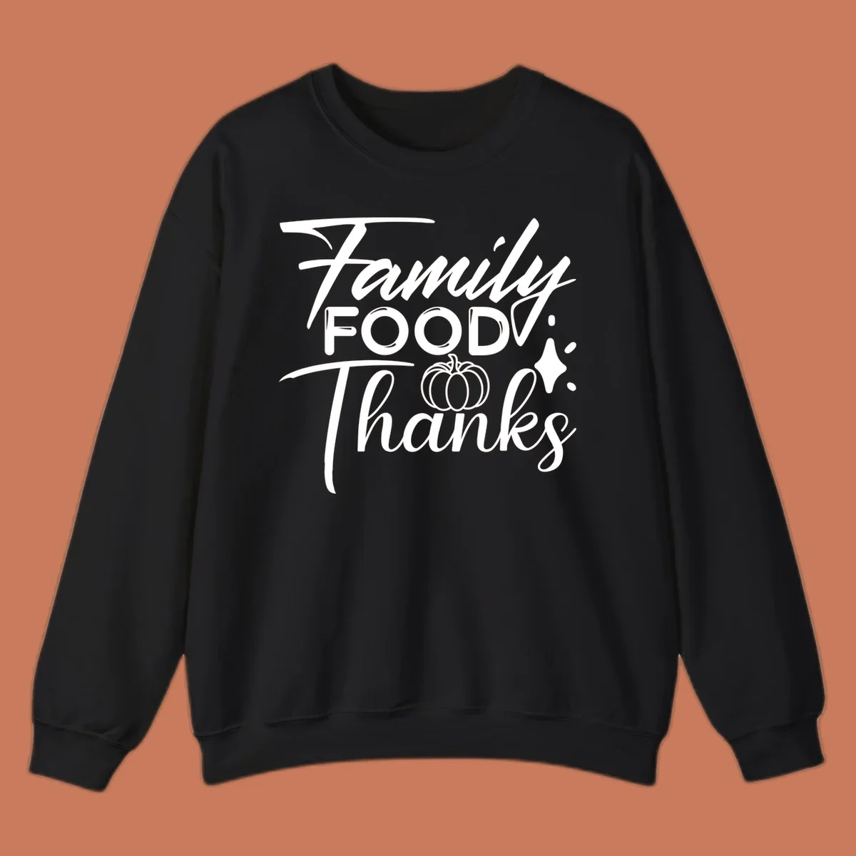 Family Food Thanks typography with pumpkin and sparkle graphics.
