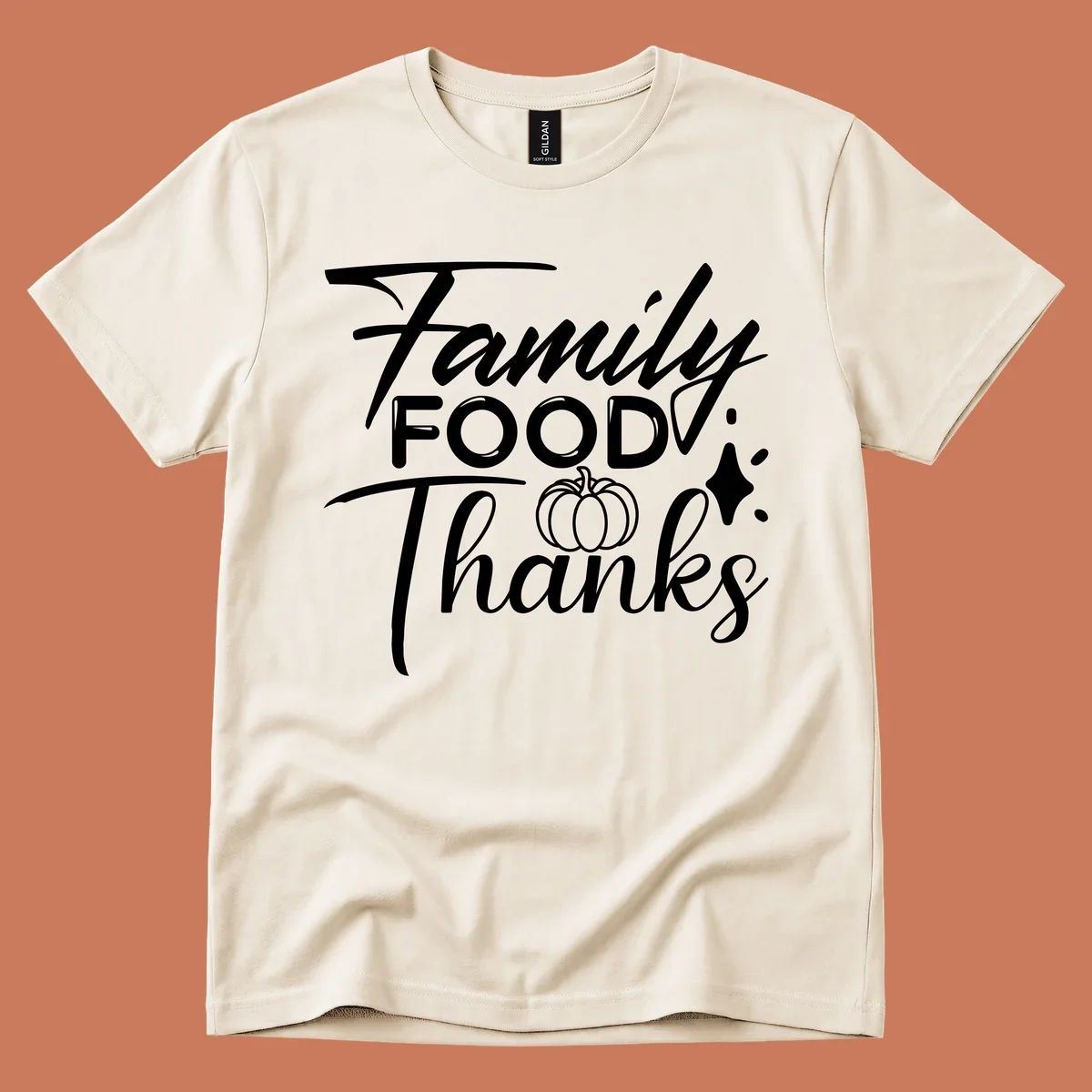 Family Food Thanks typography with pumpkin and sparkle graphics.