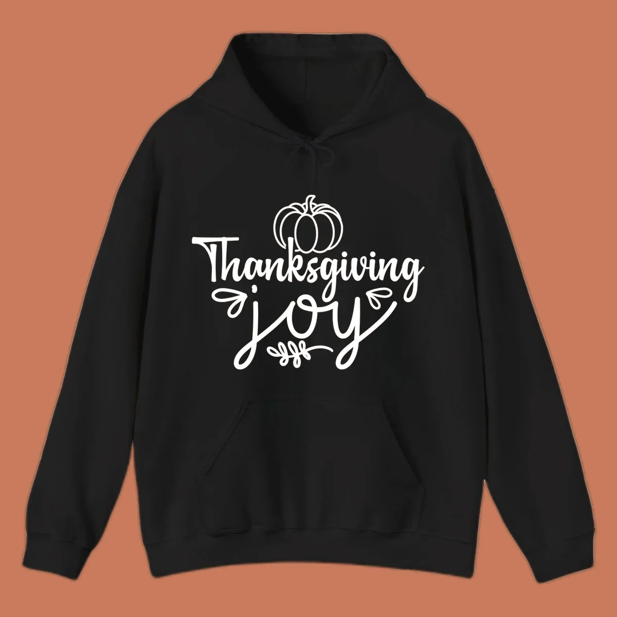 Thanksgiving Joy script text with a pumpkin illustration, for gratitude tees.