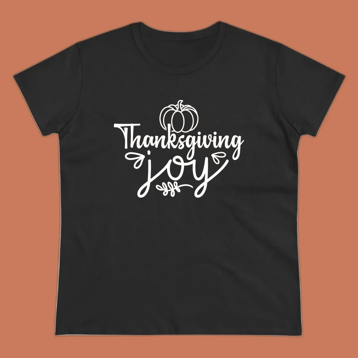 Thanksgiving Joy script text with a pumpkin illustration, for gratitude tees.