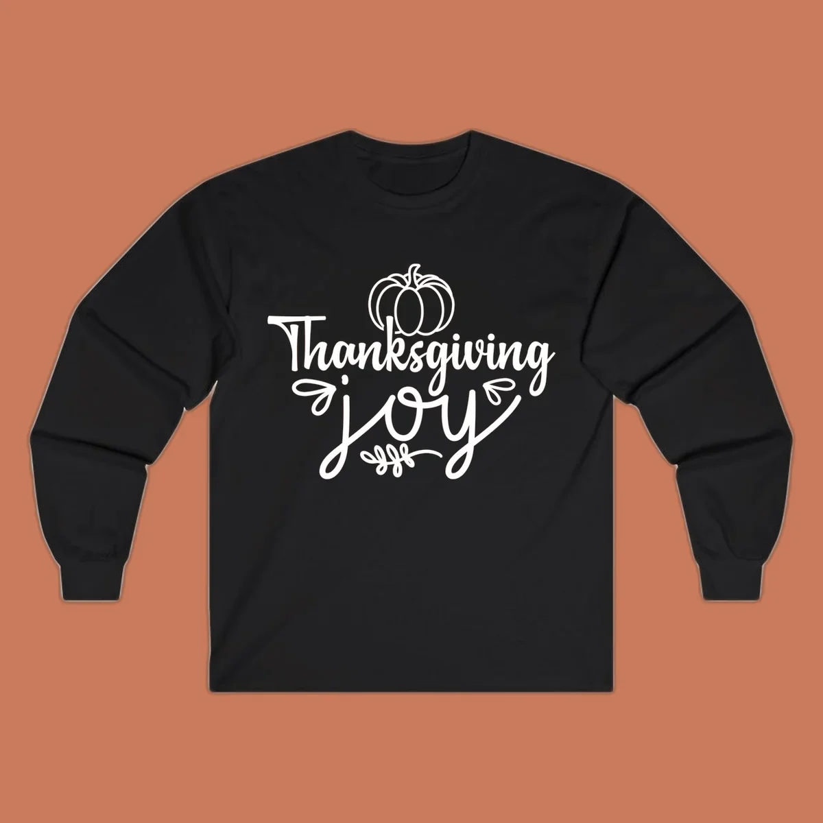 Thanksgiving Joy script text with a pumpkin illustration, for gratitude tees.
