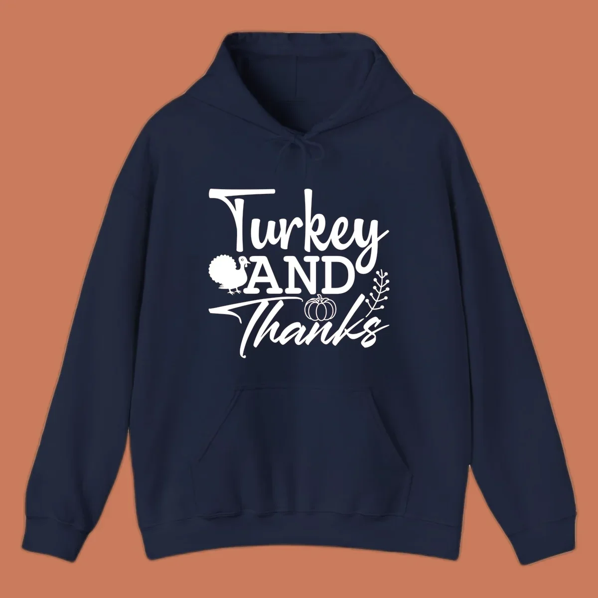 Thanksgiving turkey and thanks sentiment graphic with turkey, pumpkin, and leafy branch illustrations.