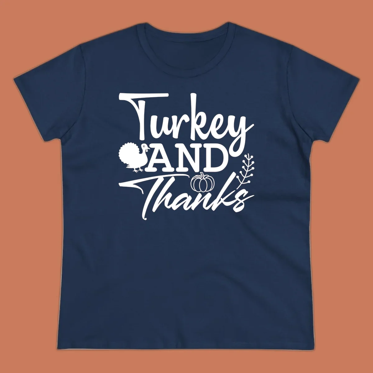 Thanksgiving turkey and thanks sentiment graphic with turkey, pumpkin, and leafy branch illustrations.