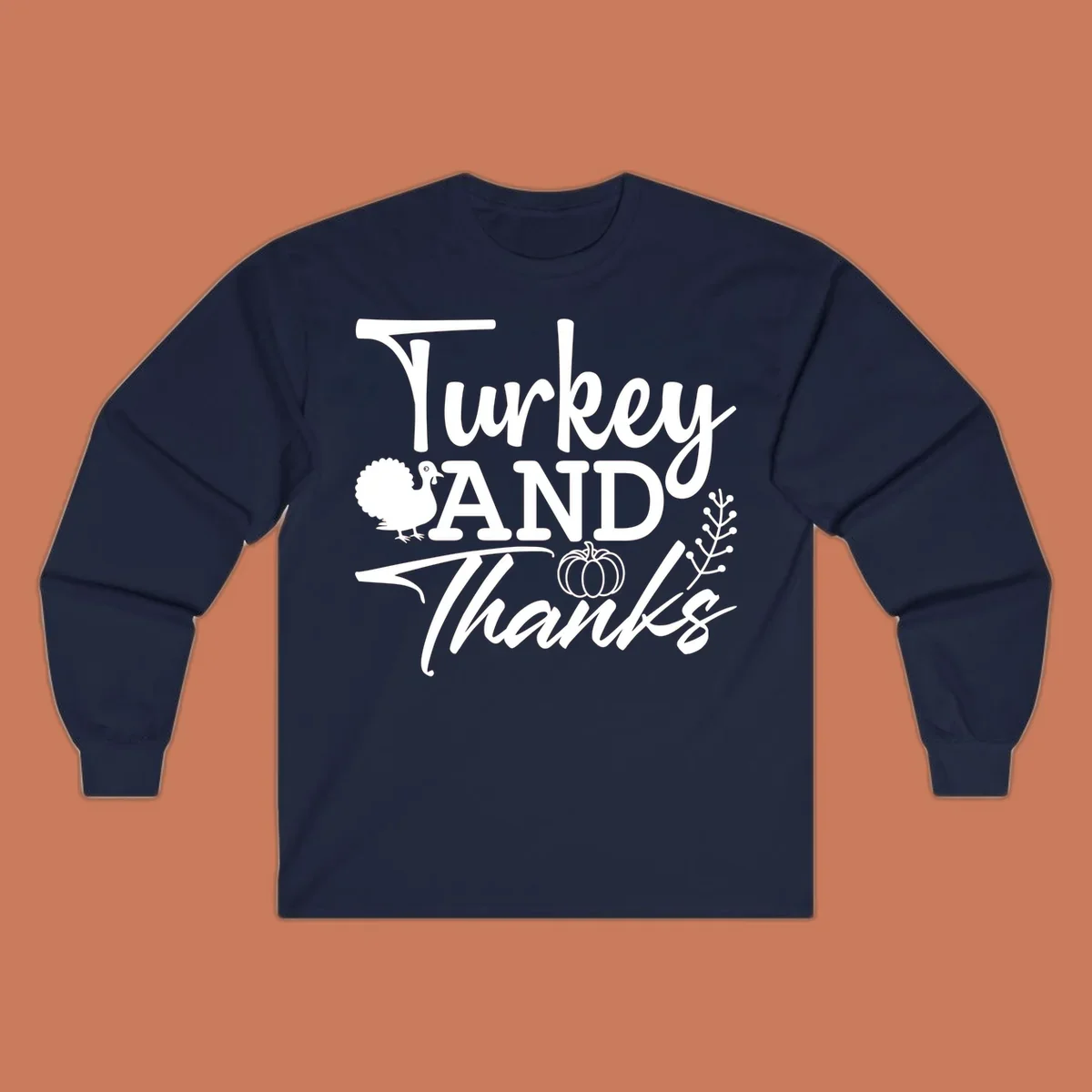 Thanksgiving turkey and thanks sentiment graphic with turkey, pumpkin, and leafy branch illustrations.