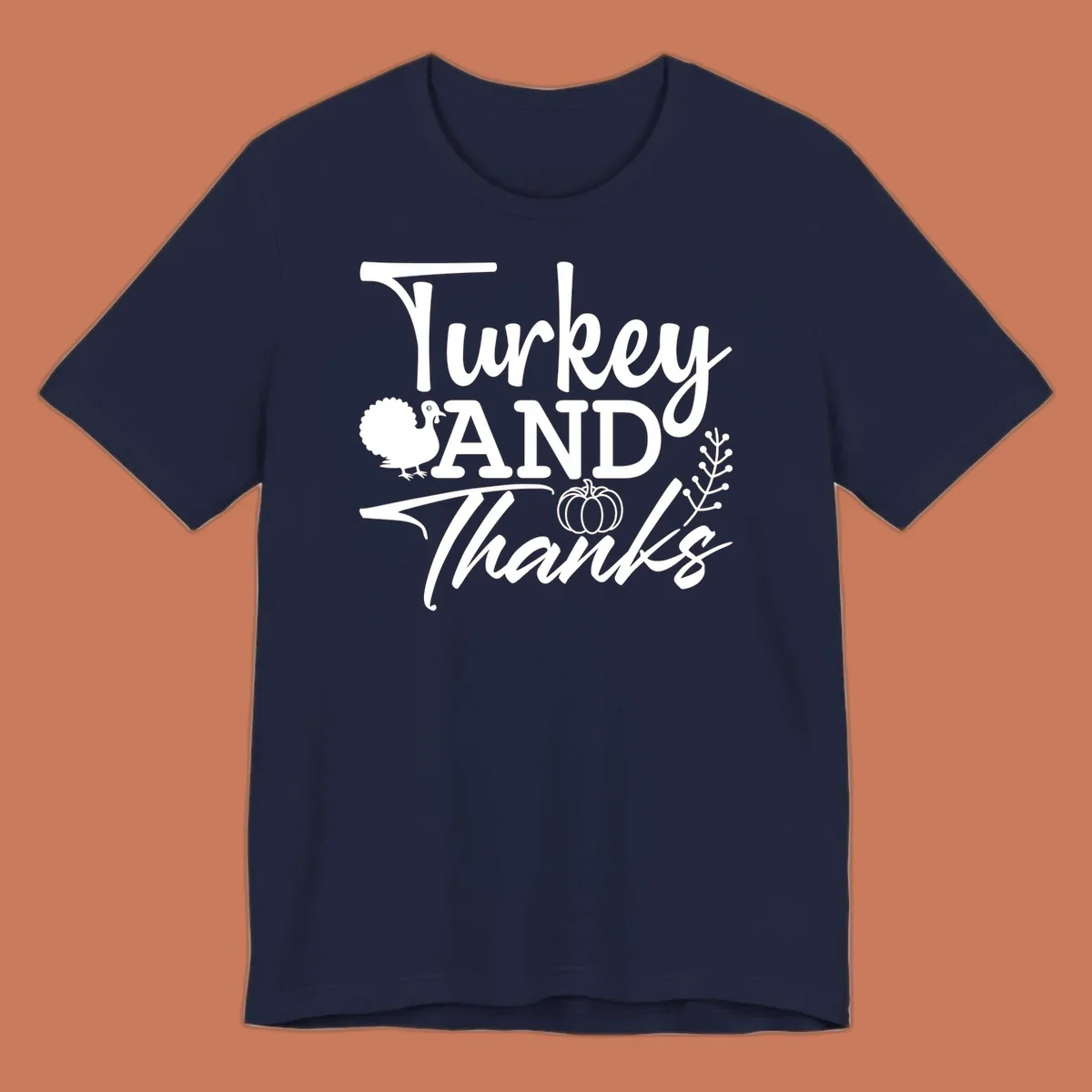 Thanksgiving turkey and thanks sentiment graphic with turkey, pumpkin, and leafy branch illustrations.